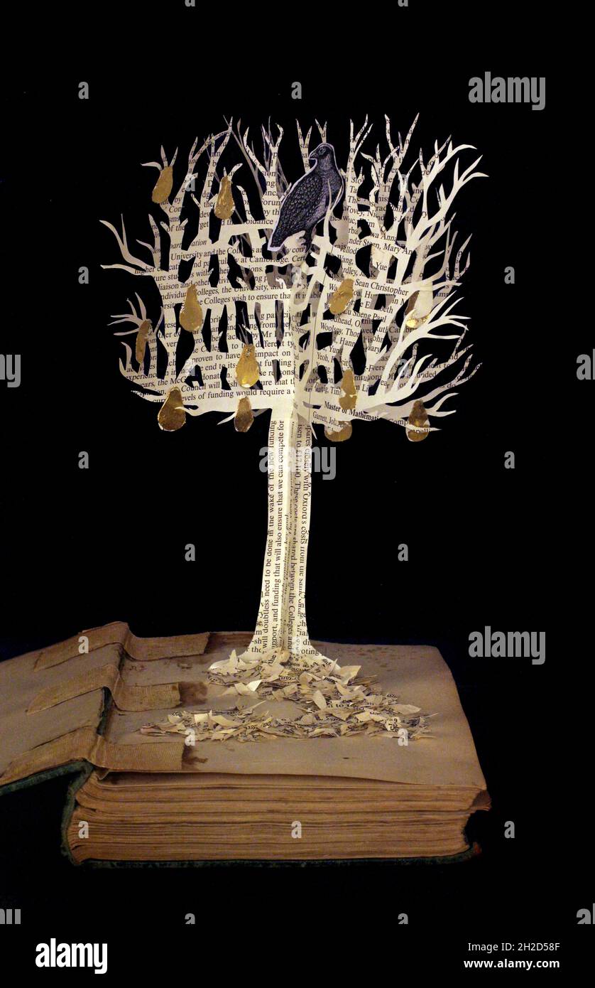 Livre de sculpture d'une perdrix dans un poirier.Comprend un arbre en papier qui pousse notre au milieu d'un livre avec une perdrix et des poires dorées. Banque D'Images