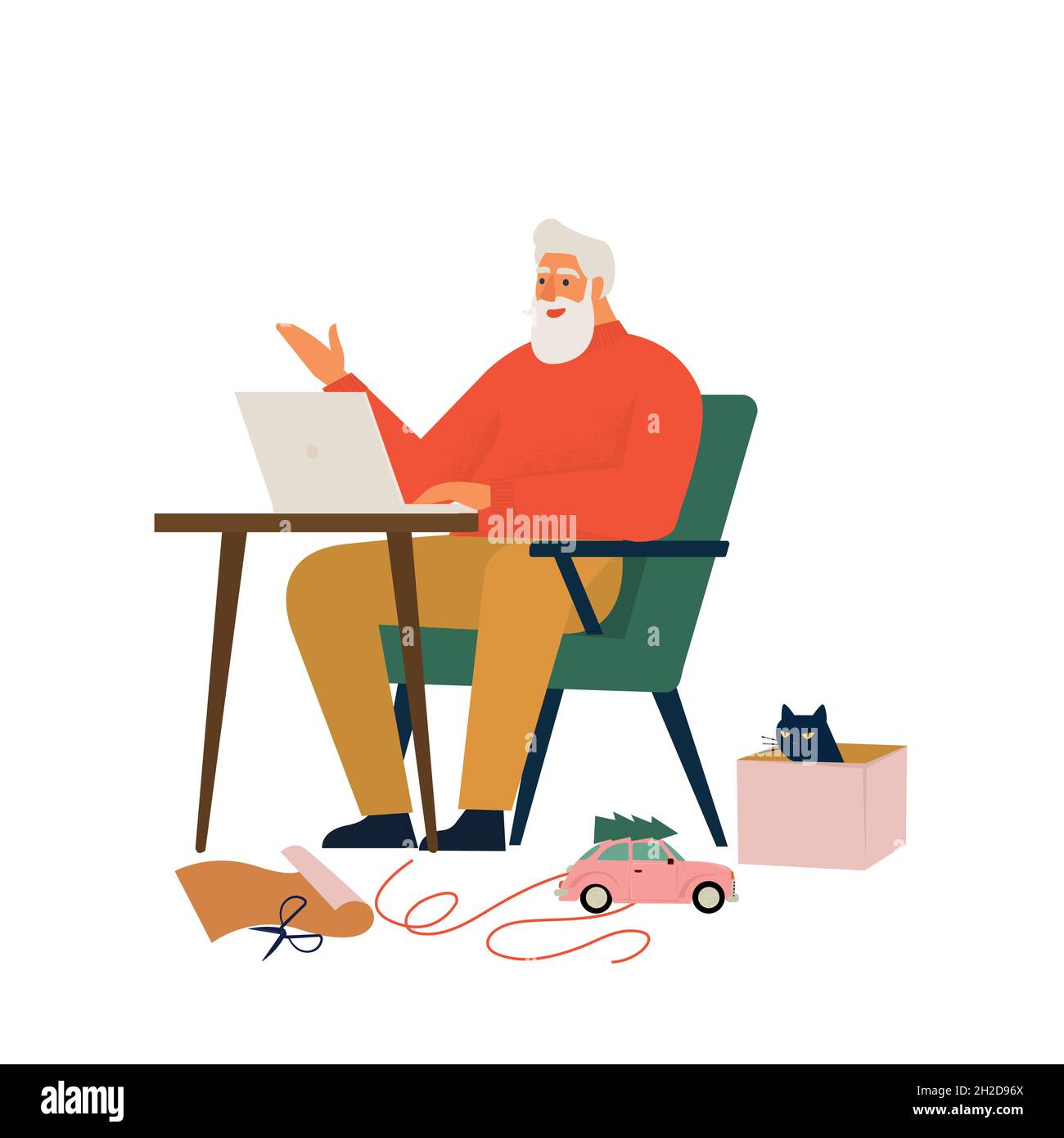 Vieux Père Noël barbu portant un masque, tenant une boîte cadeau le soir de Noël assis à une table confortable tard dans la nuit à l'aide d'un ordinateur portable.Joyeux Christma Illustration de Vecteur