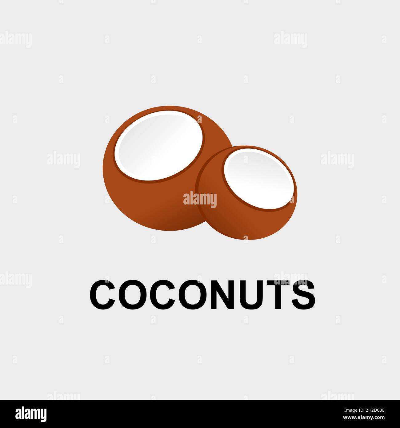 Icône vectorielle d'une moitié de fruits de noix de coco, craquelée ouverte avec la noix de coco écrite en dessous.Utilisez pour vos diagrammes de céto, infographies sur la saine alimentation. Illustration de Vecteur