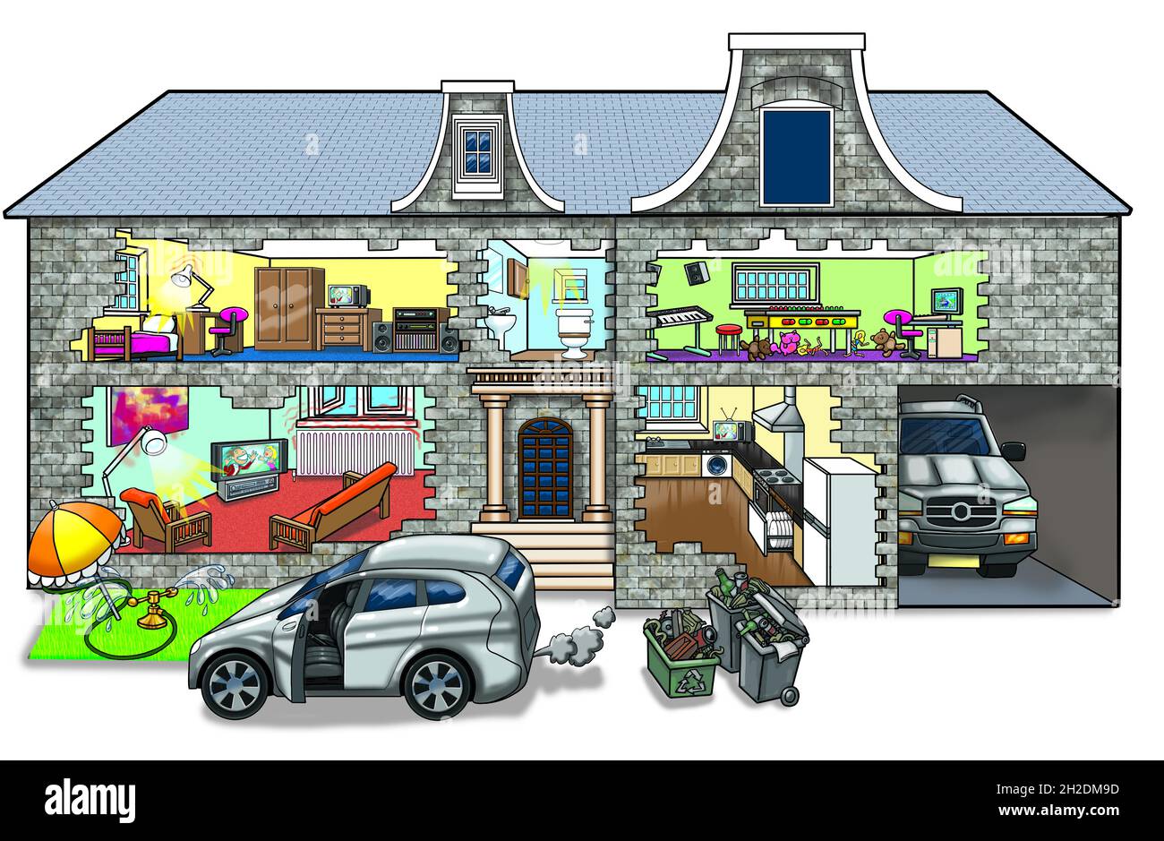 Couches d'une maison typique du Royaume-Uni montré en découpe avec chambres, salon, salle de bains, cuisine, garage et jardin visibles.Art travail famille maison nouveau-build Banque D'Images