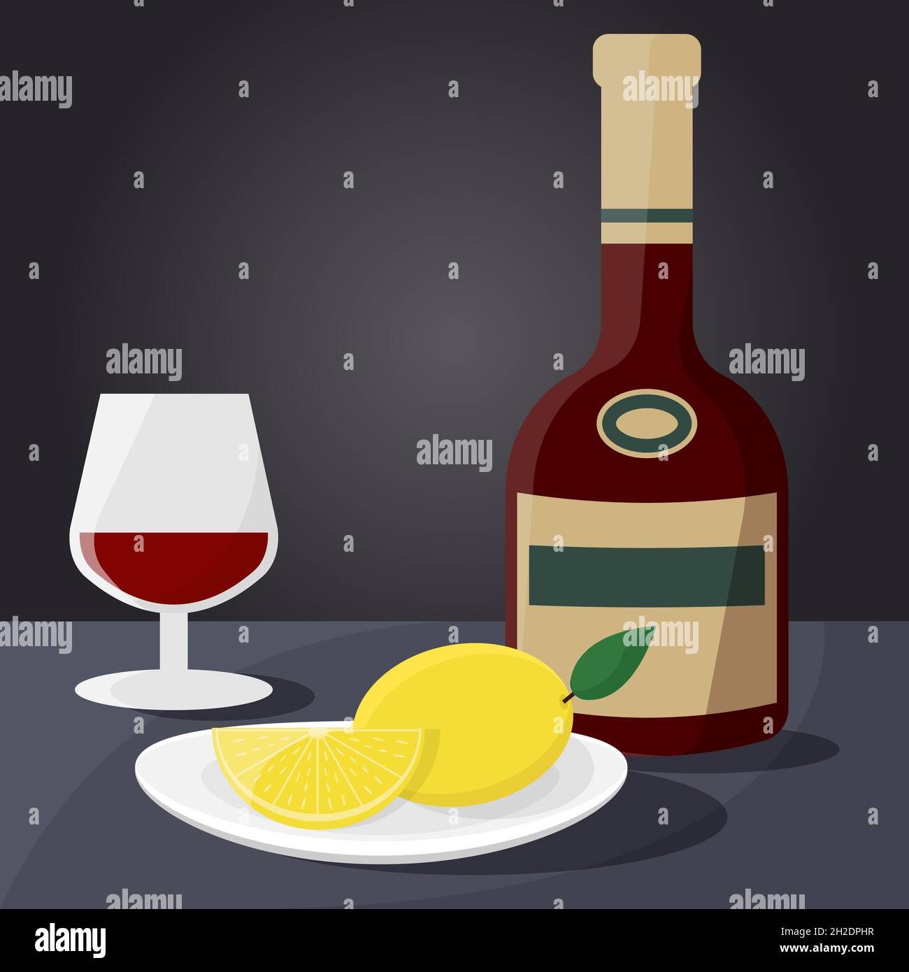 Verre et bouteille avec cognac sur la table Illustration de Vecteur