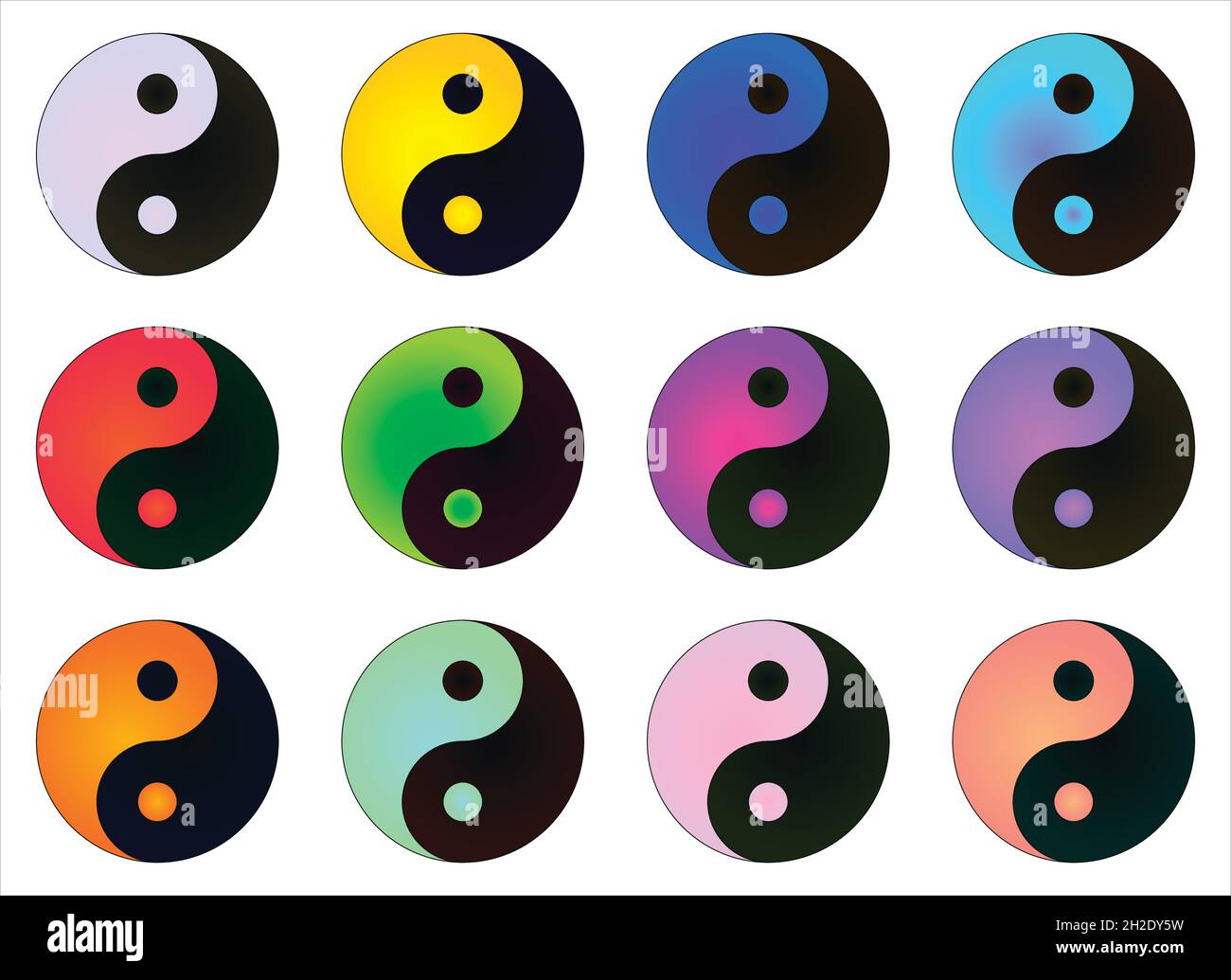 Symbole Yin yang de différentes couleurs noir noirâtre et d'autres couleurs dégradé Illustration de Vecteur