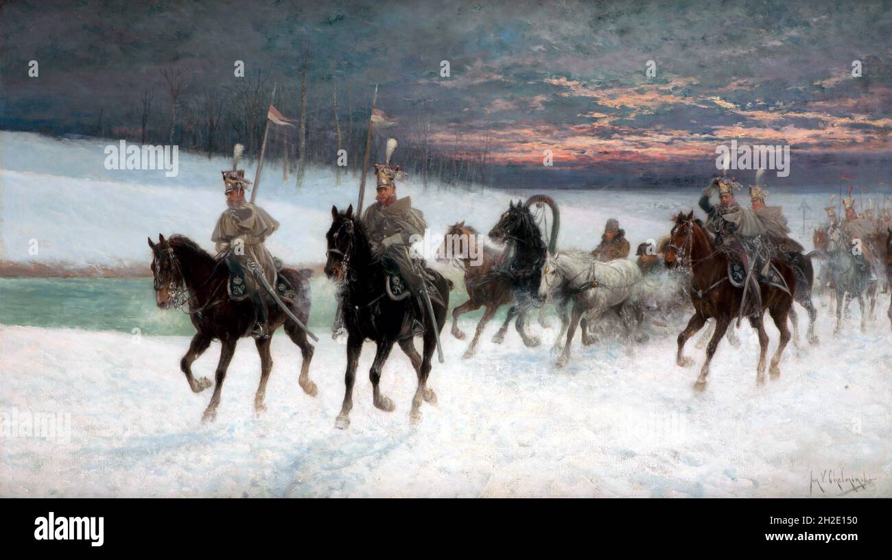 Retraite de Napoléon de Moscou par l'artiste polonais Jan Chełmiński (1851-1925), huile sur toile, 1900/25 Banque D'Images