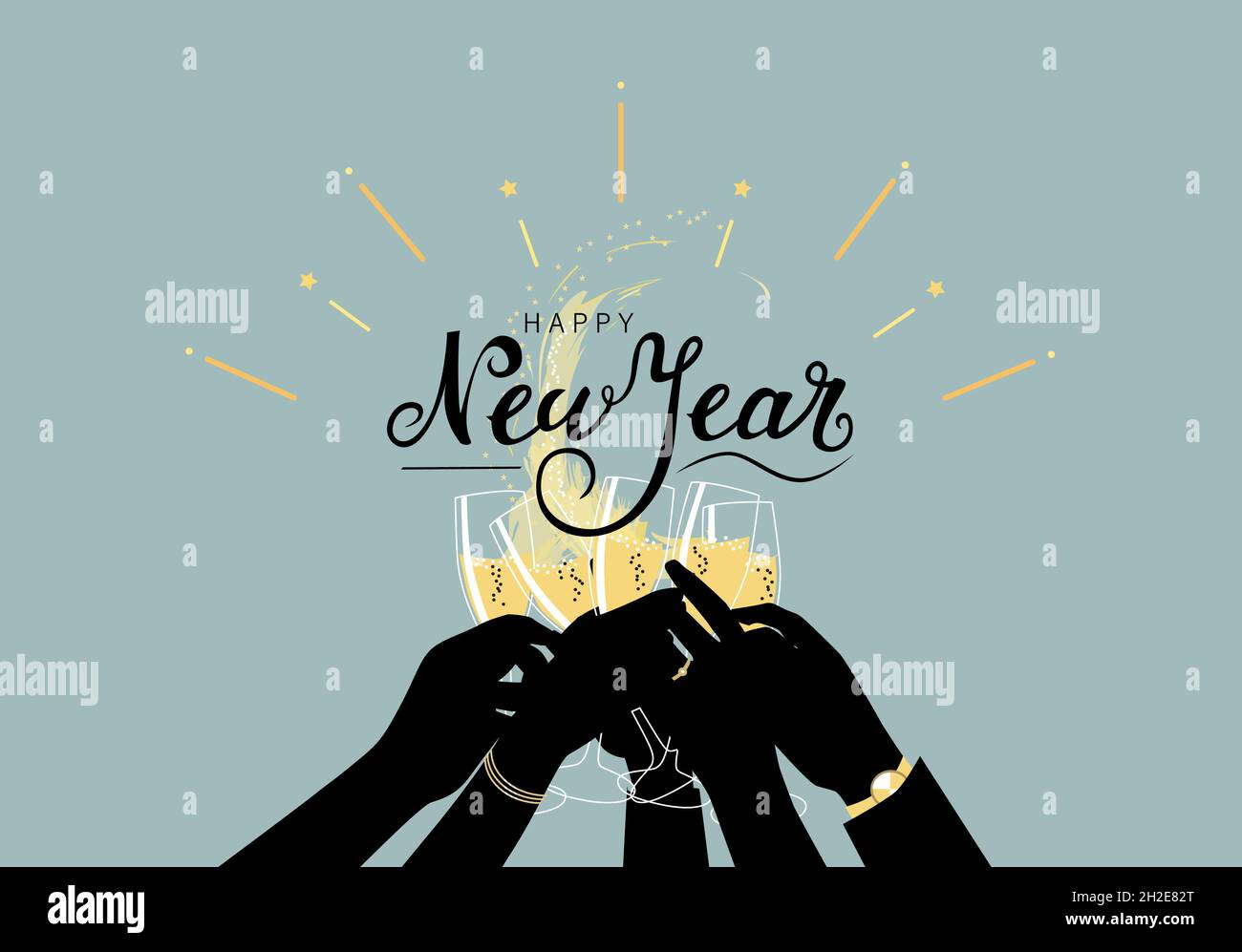 Bonne illustration de l'annonce de la nouvelle année avec des silhouettes mains de personnes avec champagne et lettrage Illustration de Vecteur