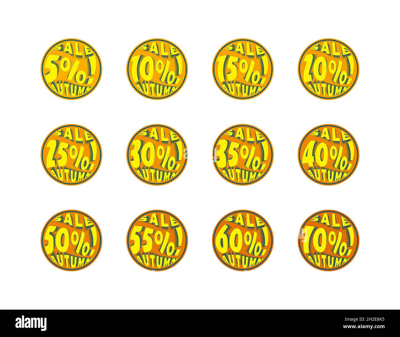 Ensemble d'icônes de soldes d'automne.Ballons jaunes avec 5, 10, 15, 20, 25,30, 35, 40, 45, 50,55, 60 et 70 pour cent des affiches de rabais.Réduction automnale festive, boutique Banque D'Images