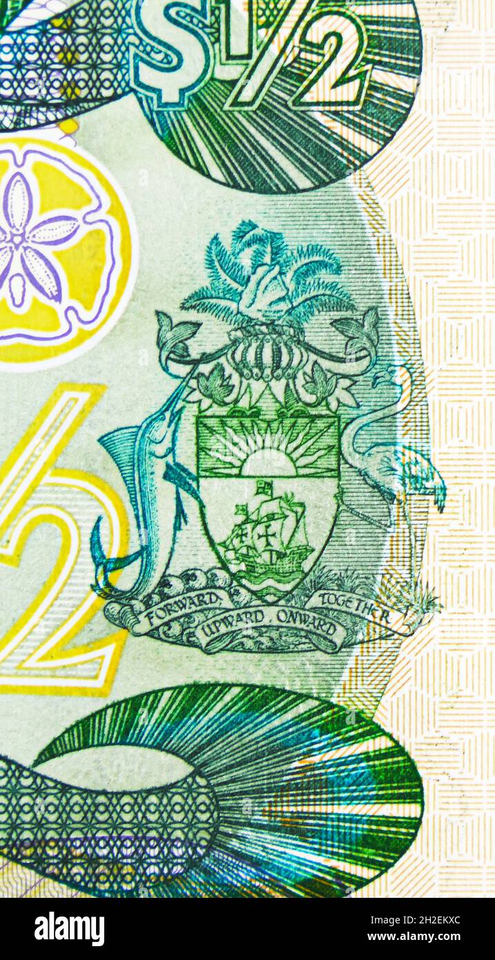 Billet de 50 cents, Banque des Bahamas, projet de loi de clôture fragment shows Coat of Arms of Bahamas, publié en 2001 Banque D'Images