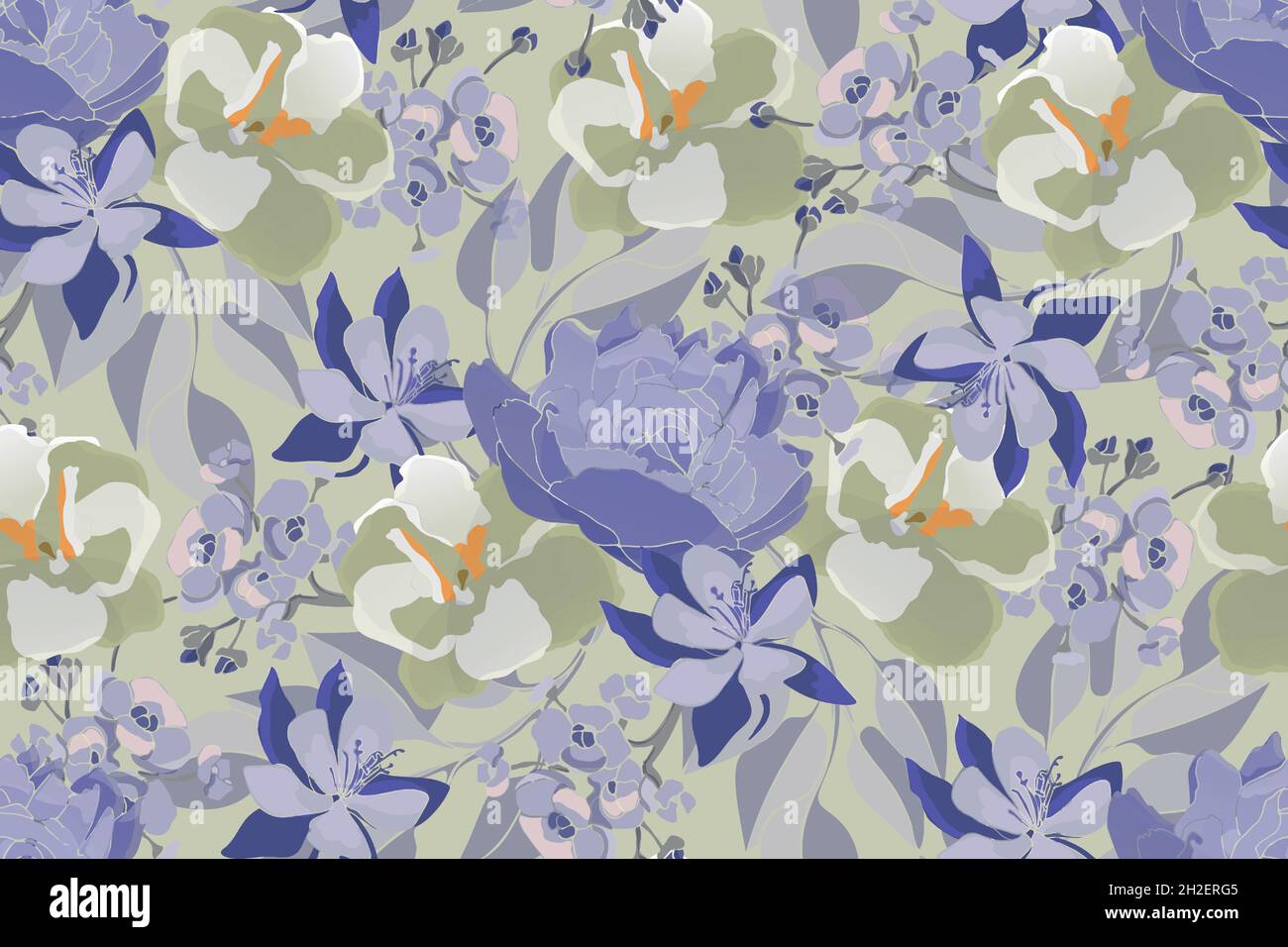 Motif fleuri vectoriel sans coutures.Bleu, pivoine de couleur olive, alto, columbine. Illustration de Vecteur