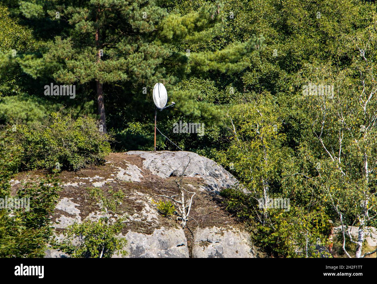 Une antenne parabolique est installée sur le dessus de la roche dans une forêt Banque D'Images