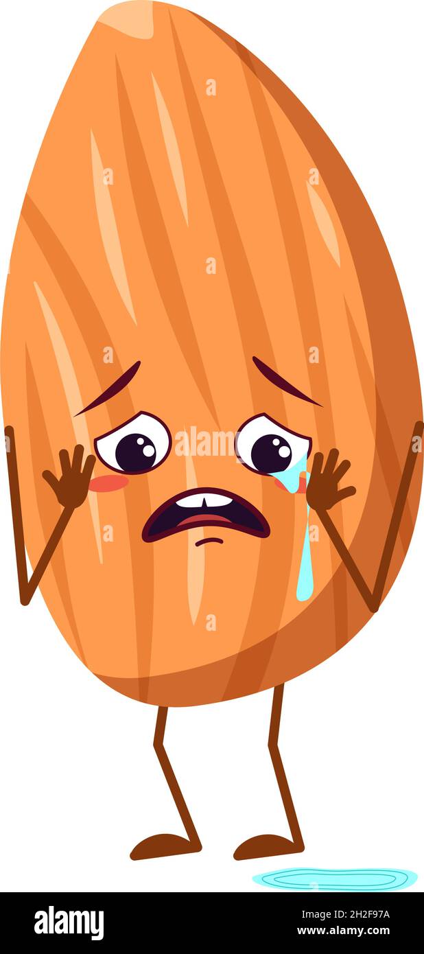 Adorable amande avec pleurs et larmes émotions, visage, bras et jambes.Le drôle ou triste héros, noix.Illustration vectorielle plate Illustration de Vecteur