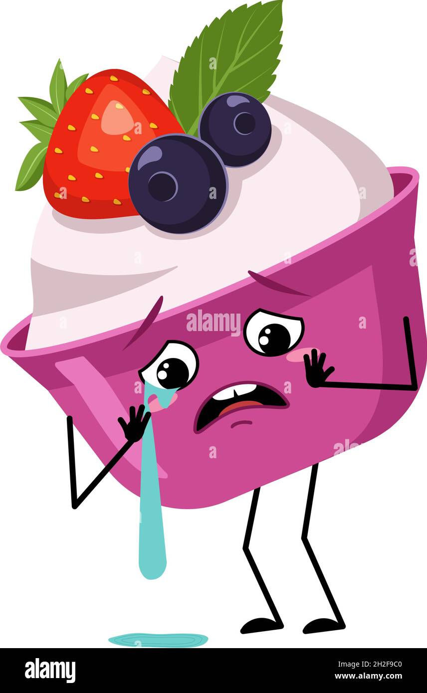 Mignon gâteau ou caractère de yogourt avec pleurs et larmes émotions, visage, bras et jambes.La nourriture douce drôle ou triste, dessert avec les yeux.Illustration vectorielle plate Illustration de Vecteur