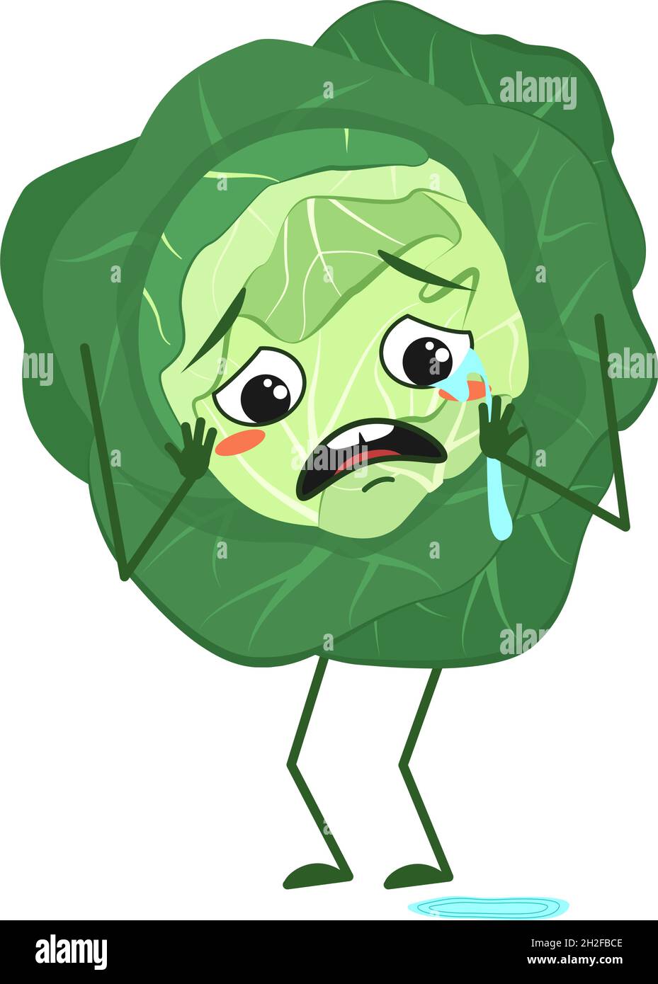 Mignon chou caractère avec pleurs et larmes émotions, visage, bras et jambes.Le drôle ou triste héros de la nourriture, légume.Illustration vectorielle plate Illustration de Vecteur