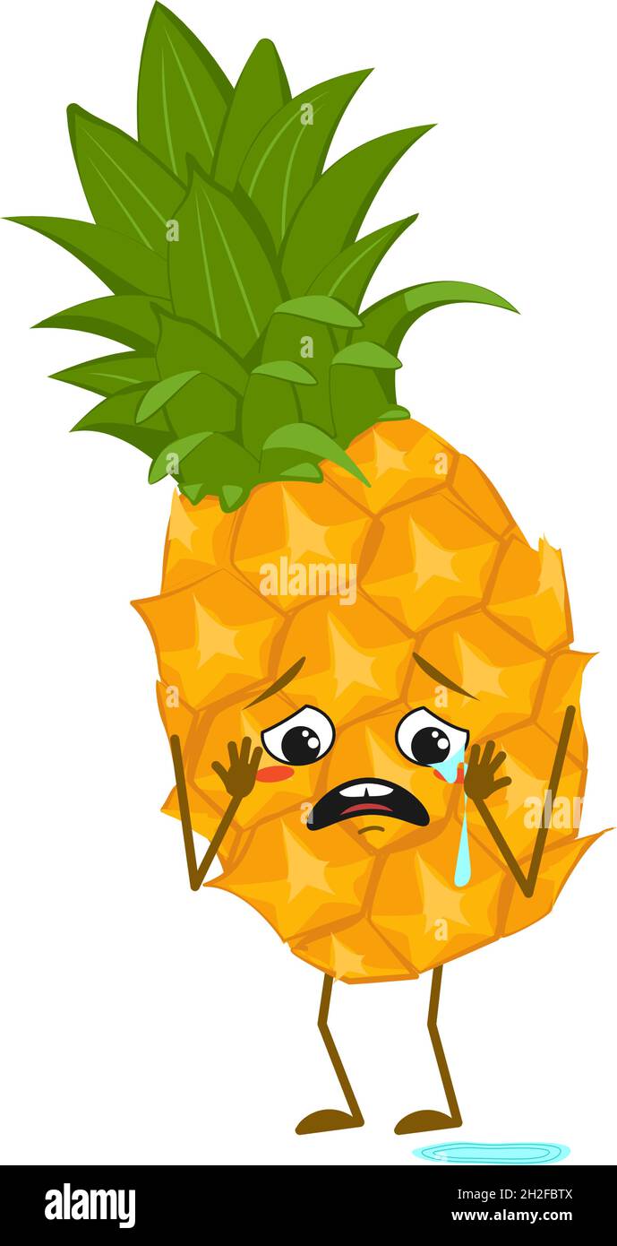 Adorable personnage d'ananas avec pleurs et larmes émotions, visage, bras et jambes.Le drôle ou triste héros, fruit.Illustration vectorielle plate Illustration de Vecteur