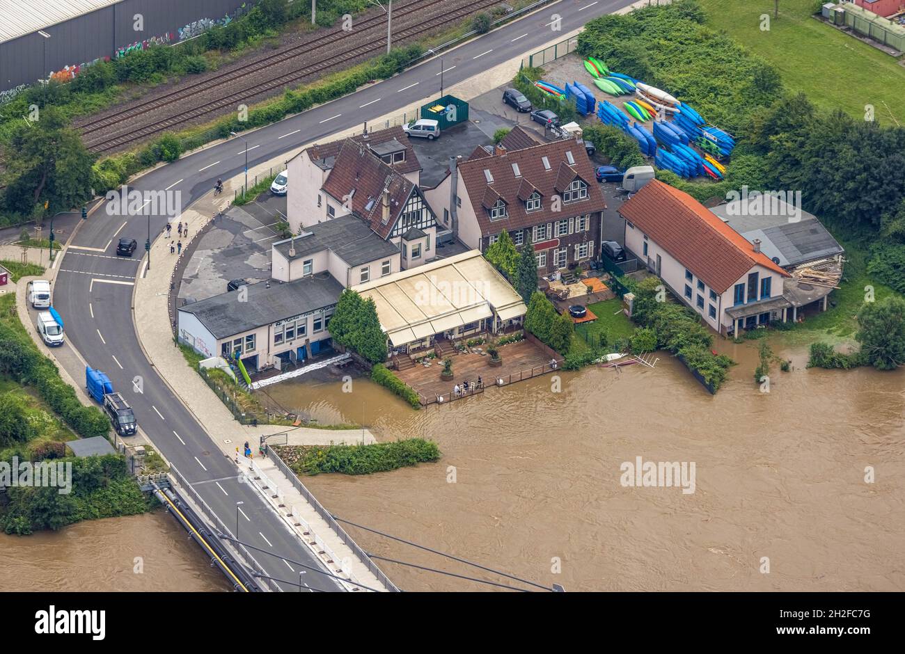 Photographie aérienne, inondation de Ruhr, inondation, Cavos, Kupferdreh,Essen, région de la Ruhr, Rhénanie-du-Nord-Westphalie, Allemagne, Luftbild,Ruhrhochwasser, Überschwemmun Banque D'Images
