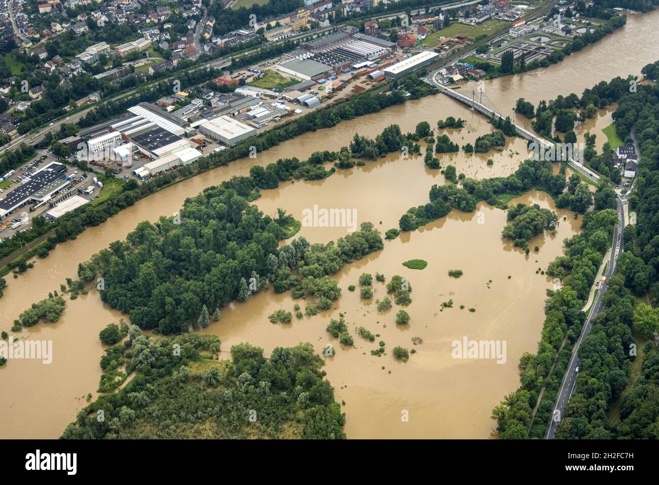 Photographie aérienne, inondation de Ruhr, inondation, Cavos, Kupferdreh,Essen, région de la Ruhr, Rhénanie-du-Nord-Westphalie, Allemagne, Luftbild,Ruhrhochwasser, Überschwemmun Banque D'Images
