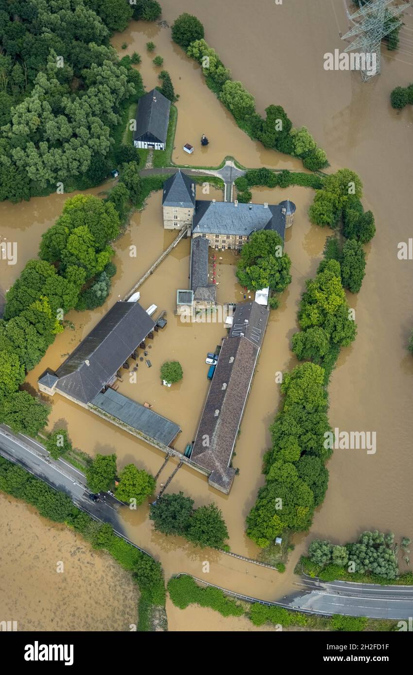 Photographie aérienne, Ruhr, inondation de la maison Kemnade inondée, inondation, Blankenstein,Hattingen, région de la Ruhr, Rhénanie-du-Nord-Westphalie, Allemagne, Luftbild,RU Banque D'Images