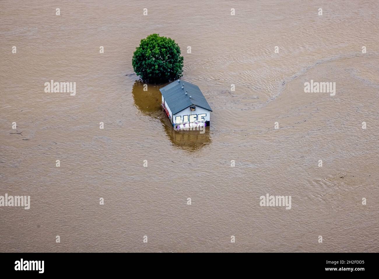 Vue aérienne, inondation de la Ruhr, maison solitaire en inondation, entourée d'eau, inondation, météo, région de la Ruhr,Rhénanie-du-Nord-Westphalie, Allemagne, DE, Europe, oiseaux- Banque D'Images