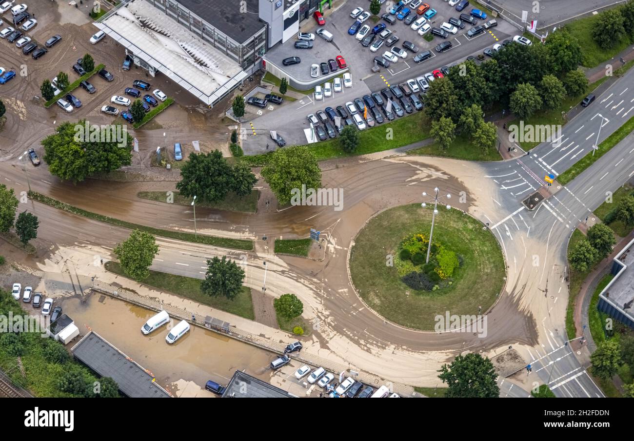 Photo aérienne, inondation de la Volme, inondation, Vorhalle, Hagen,Région de la Ruhr, Rhénanie-du-Nord-Westphalie, Allemagne, DE, Europe,vue plongeants, photographie aérienne, aer Banque D'Images