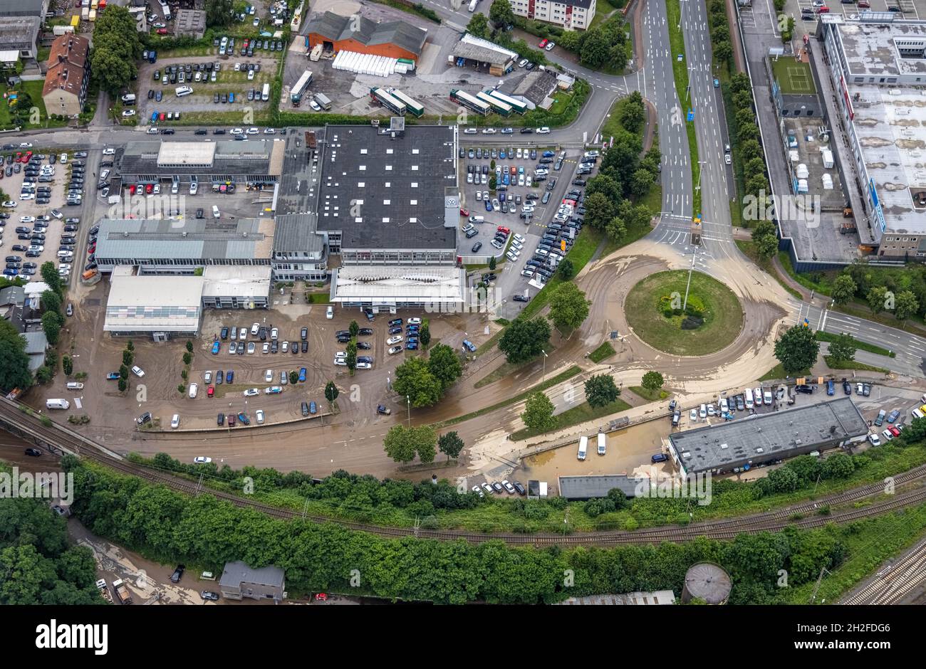 Photo aérienne, inondation de la Volme, inondation, Vorhalle, Hagen,Région de la Ruhr, Rhénanie-du-Nord-Westphalie, Allemagne, DE, Europe,vue plongeants, photographie aérienne, aer Banque D'Images