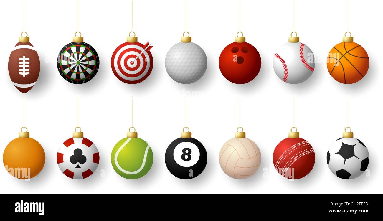 Ensemble de boules de Noël Realistic Sport.Ensemble de Noël avec baseball sportif, basket-ball, football, tennis, cricket,football, volley-ball, bowling, billard b Illustration de Vecteur