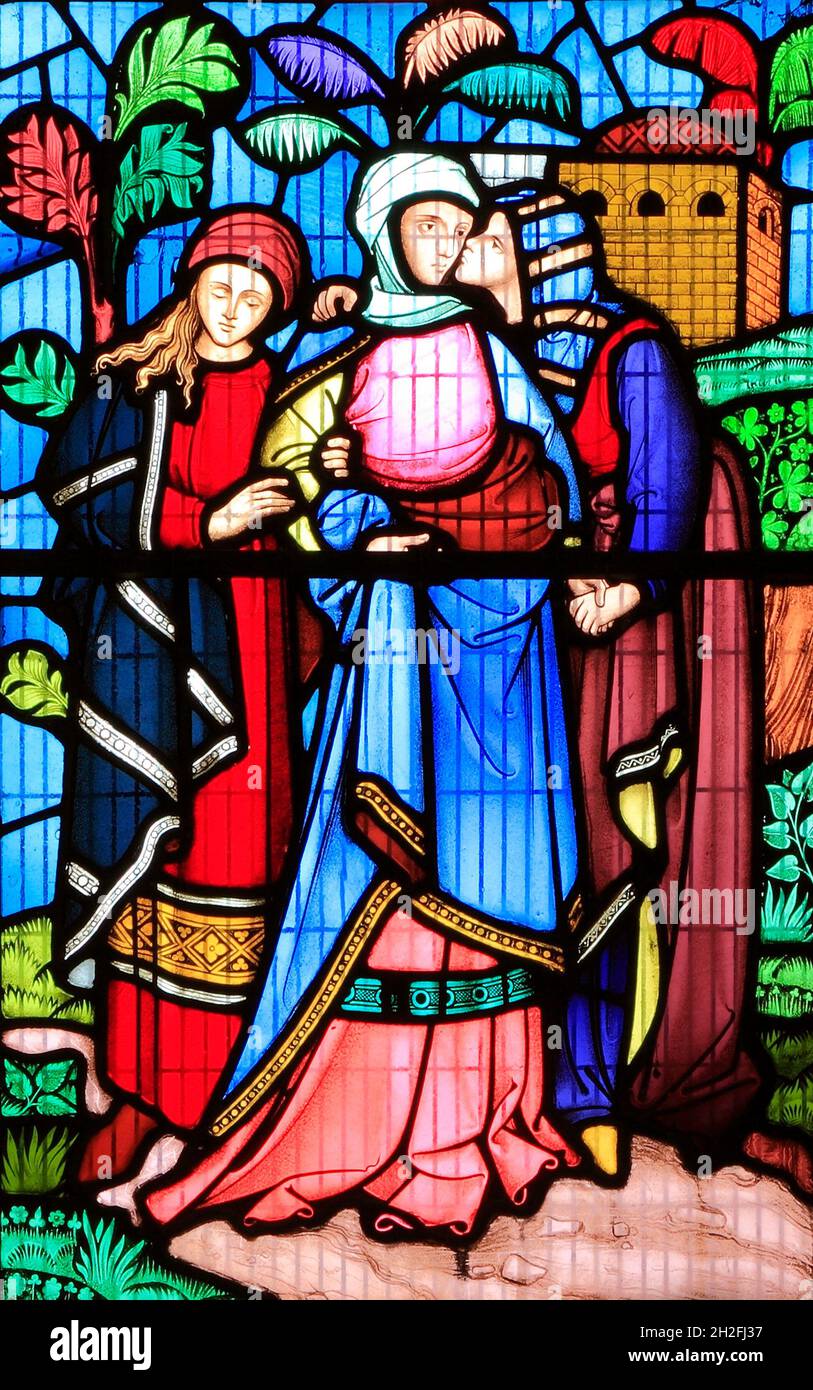 Scène de l'histoire de Ruth, bible, vitrail de Robert Bayne, de Heaton Butler & Bayne, 1862, Église Sculthorpe, Norfolk, Angleterre, Royaume-Uni Banque D'Images