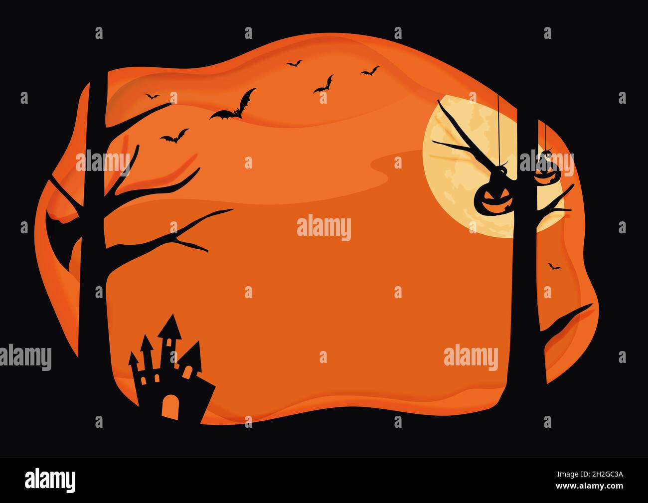Vecteur de fond orange Halloween horizontale avec la couche frontière, chauve-souris, citrouille, lune Banque D'Images
