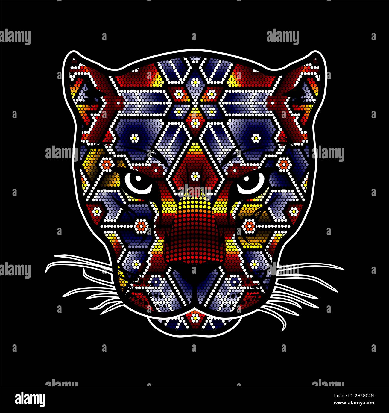 Illustration vectorielle d'une tête de chat sauvage à perles colorées qui pourrait être une jaguar, un couguar, un léopard, etc. Inspirée de l'art mexicain du huichol isolé sur le blac Illustration de Vecteur