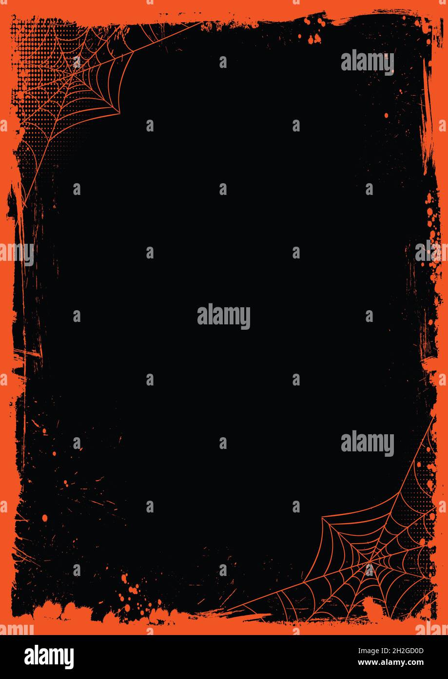 La bannière horizontale d'Halloween Vector est un fond de modèle noir vierge avec grillage de la bordure orange et du filet d'araignée Banque D'Images