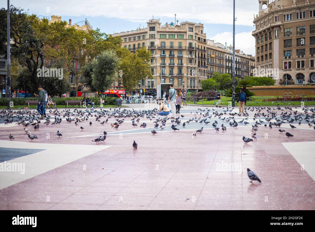 Barcelone, Espagne - 22 septembre 2021 : vue sur la Plaza Catalunya, au coeur de Barcelone.Tourisme nourrissant les pigeons et prenant des photos du bi Banque D'Images