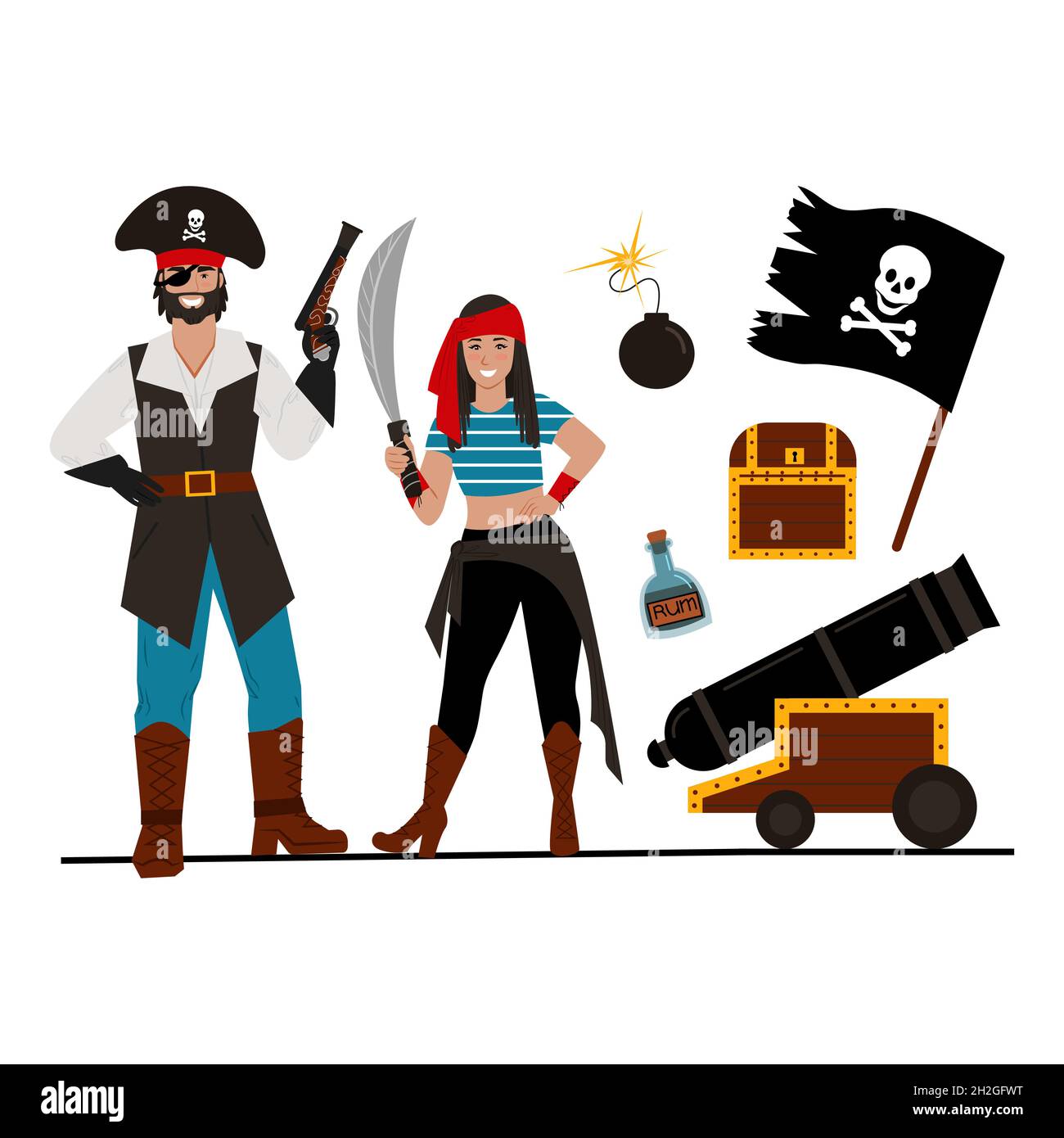 Regroupement de pirates.Un couple de filles de pirate et un gars, différents articles de pirate.Illustration vectorielle. Illustration de Vecteur