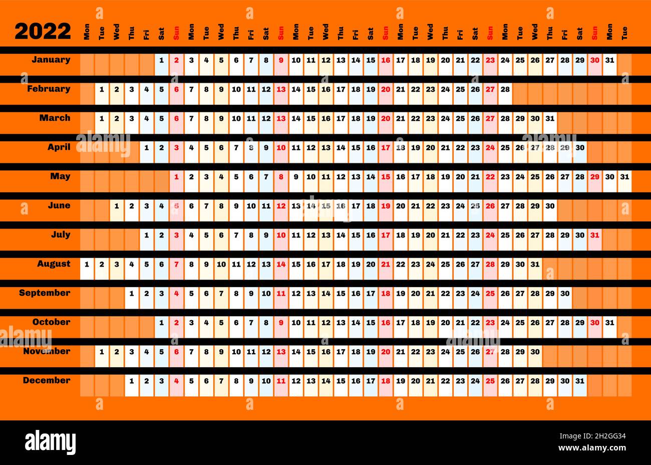 Calendrier linéaire noir 2022 avec codage couleur des jours et des mois. Illustration de Vecteur