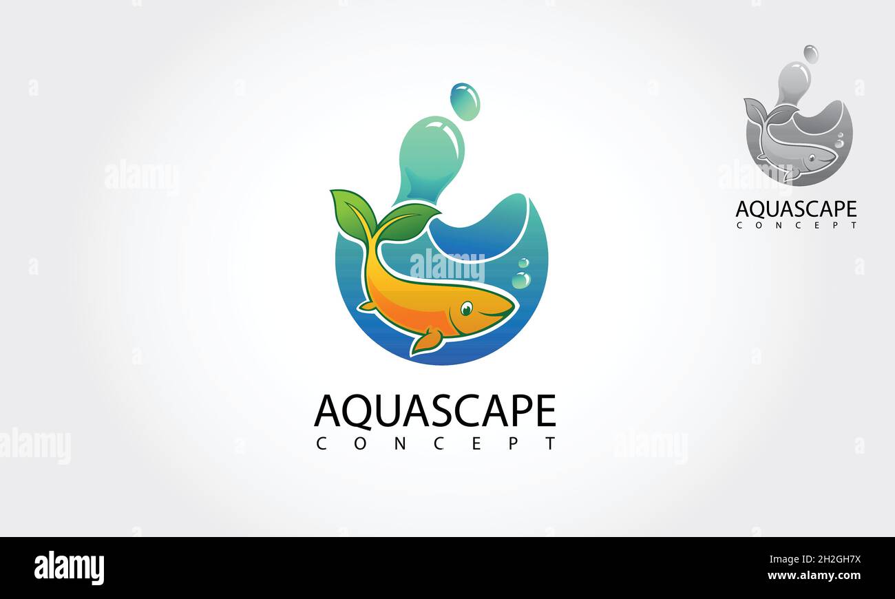 Illustration du logo AquaScape Vector.Modèle de logo nature Aquarium Fish.Symbole du logo poisson et feuilles. Illustration de Vecteur