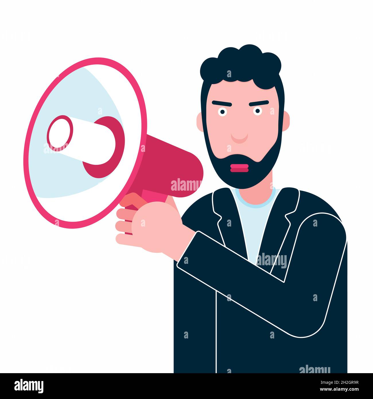 Homme tient le mégaphone dans sa main criant dans le haut-parleur fort Illustration de Vecteur