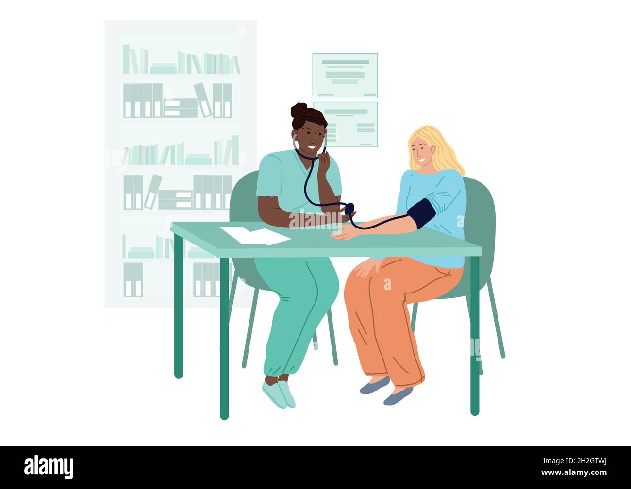 Le médecin mesure la tension artérielle du patient.Une femme à un rendez-vous de cardiologues Illustration de Vecteur