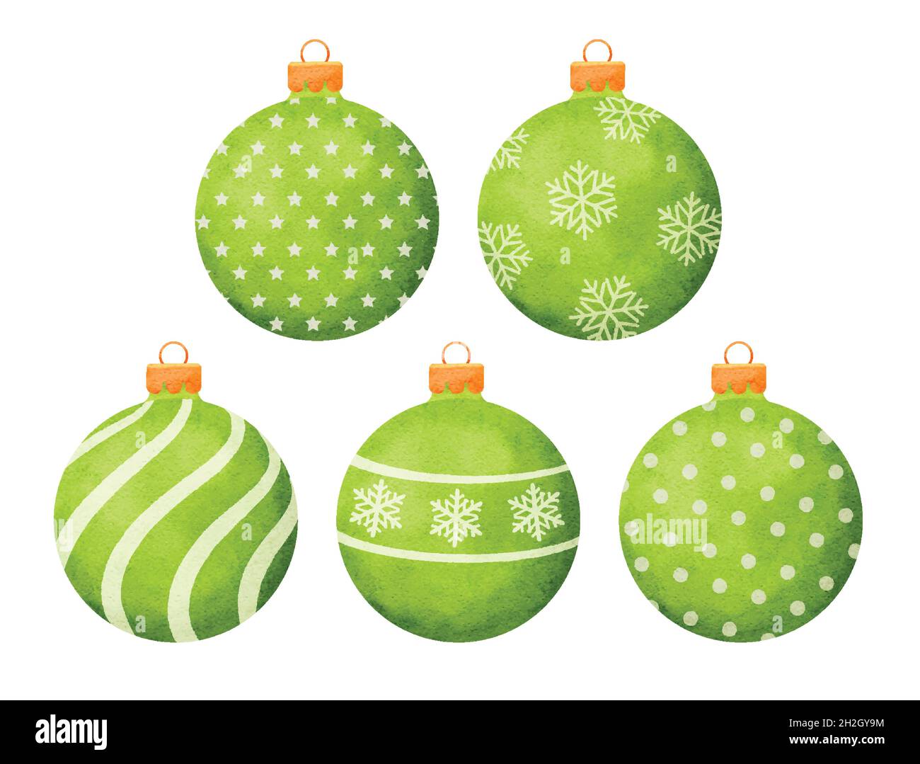 Boules de noël vertes décoration de style aquarelle isolée sur fond blanc. Illustration de Vecteur