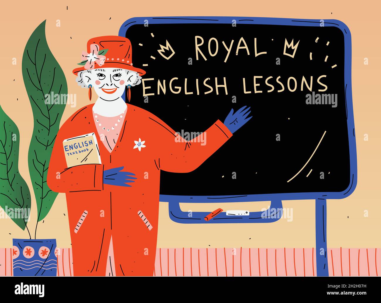 Leçon d'anglais.Portrait de l'enseignant près du tableau noir en classe Illustration de Vecteur