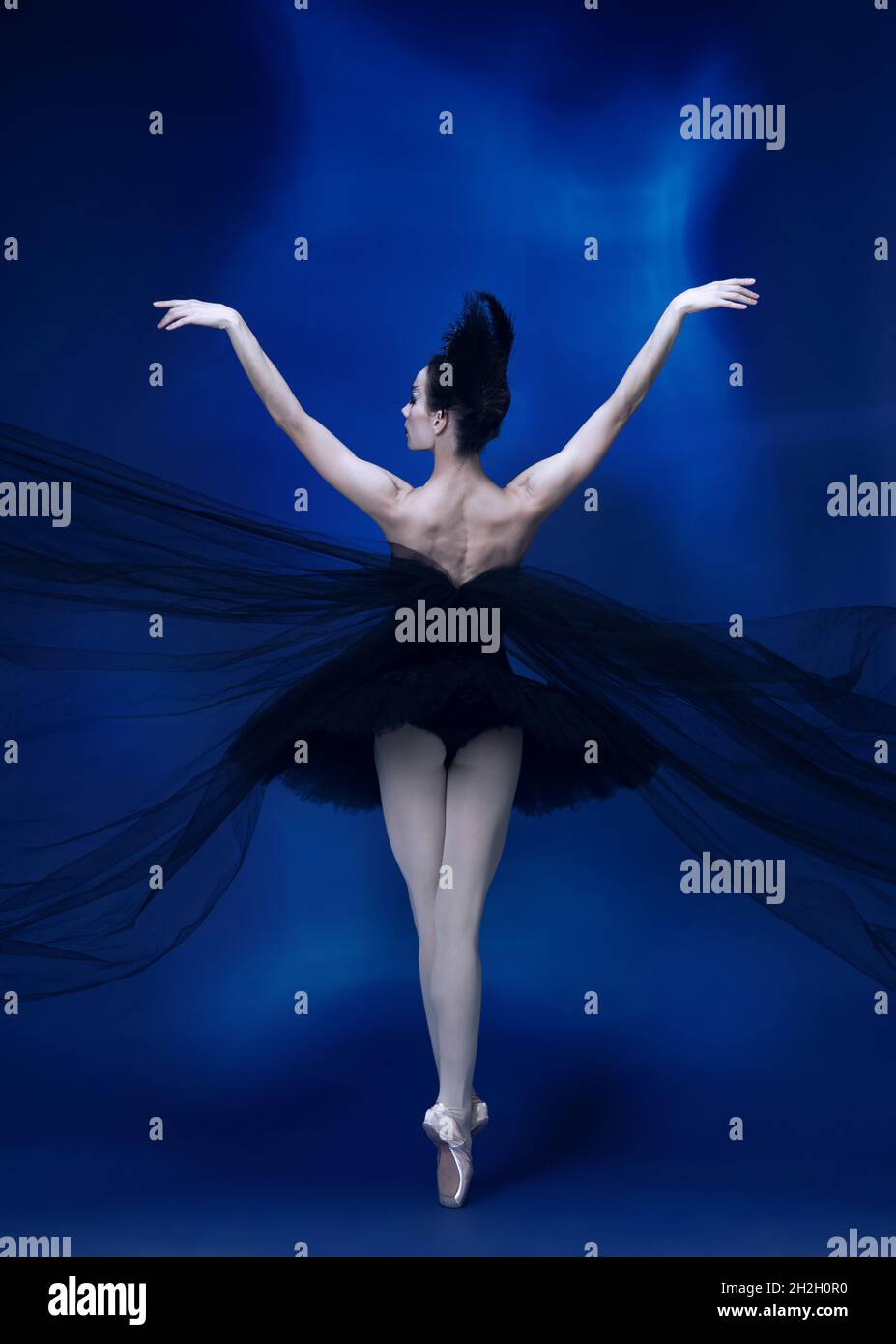 Vue arrière de la belle femme, ballerine flexible dans une tenue de ballet noire, tutu dansant dans le studio bleu plein de lumière. Banque D'Images