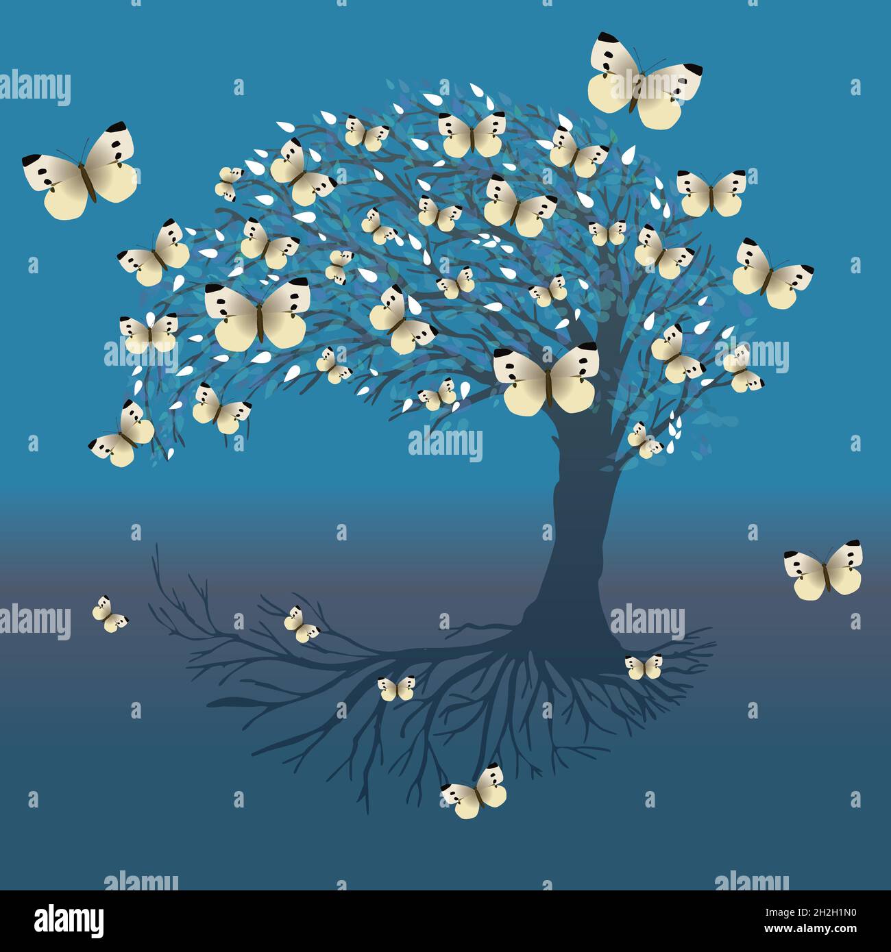 Un arbre de vie bleu ou yggdrasil avec de petits papillons blancs.L'arbre est en teintes bleues.L'arrière-plan est un dégradé bleu qui ressemble à un crépuscule Illustration de Vecteur