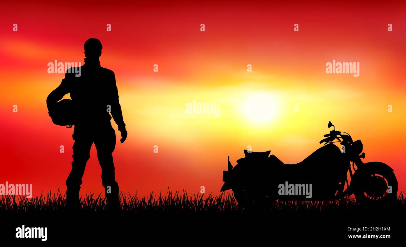 Motard masculin au coucher du soleil.Sa moto se trouve à proximité.Soir, soleil, herbe. Illustration de Vecteur