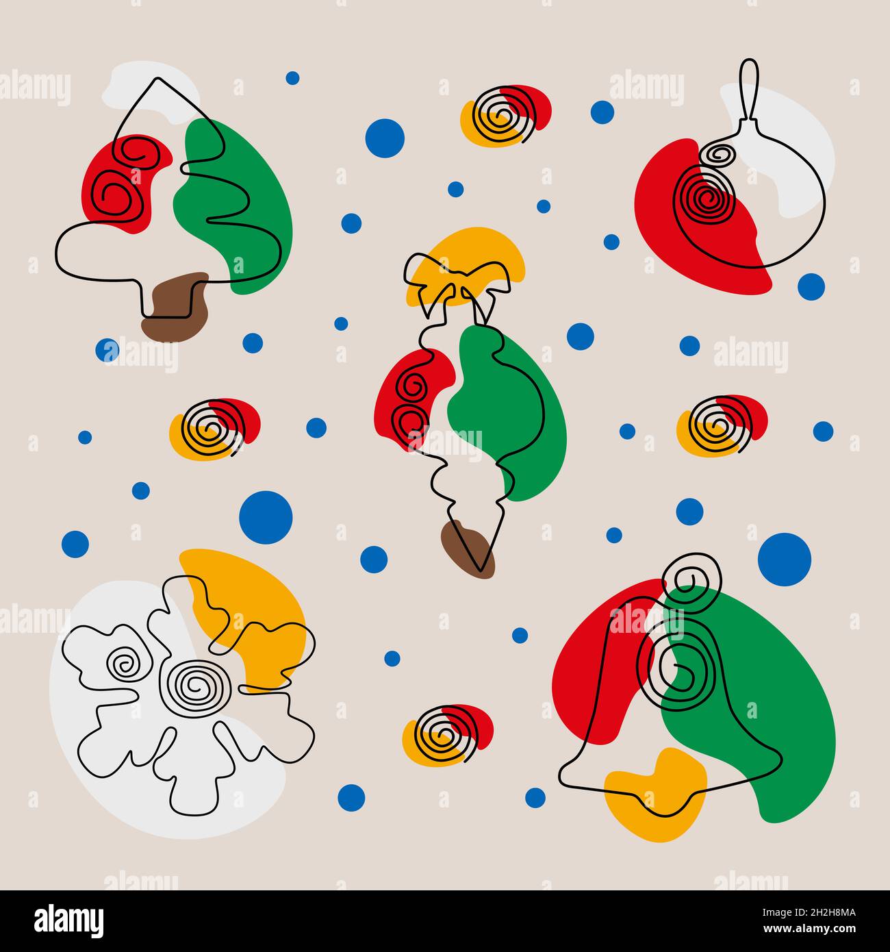 Ensemble d'illustrations vectorielles du nouvel an et de Noël en style Line Art avec des taches de couleur avec un sapin de Noël, des jouets du nouvel an et un flocon de neige Illustration de Vecteur