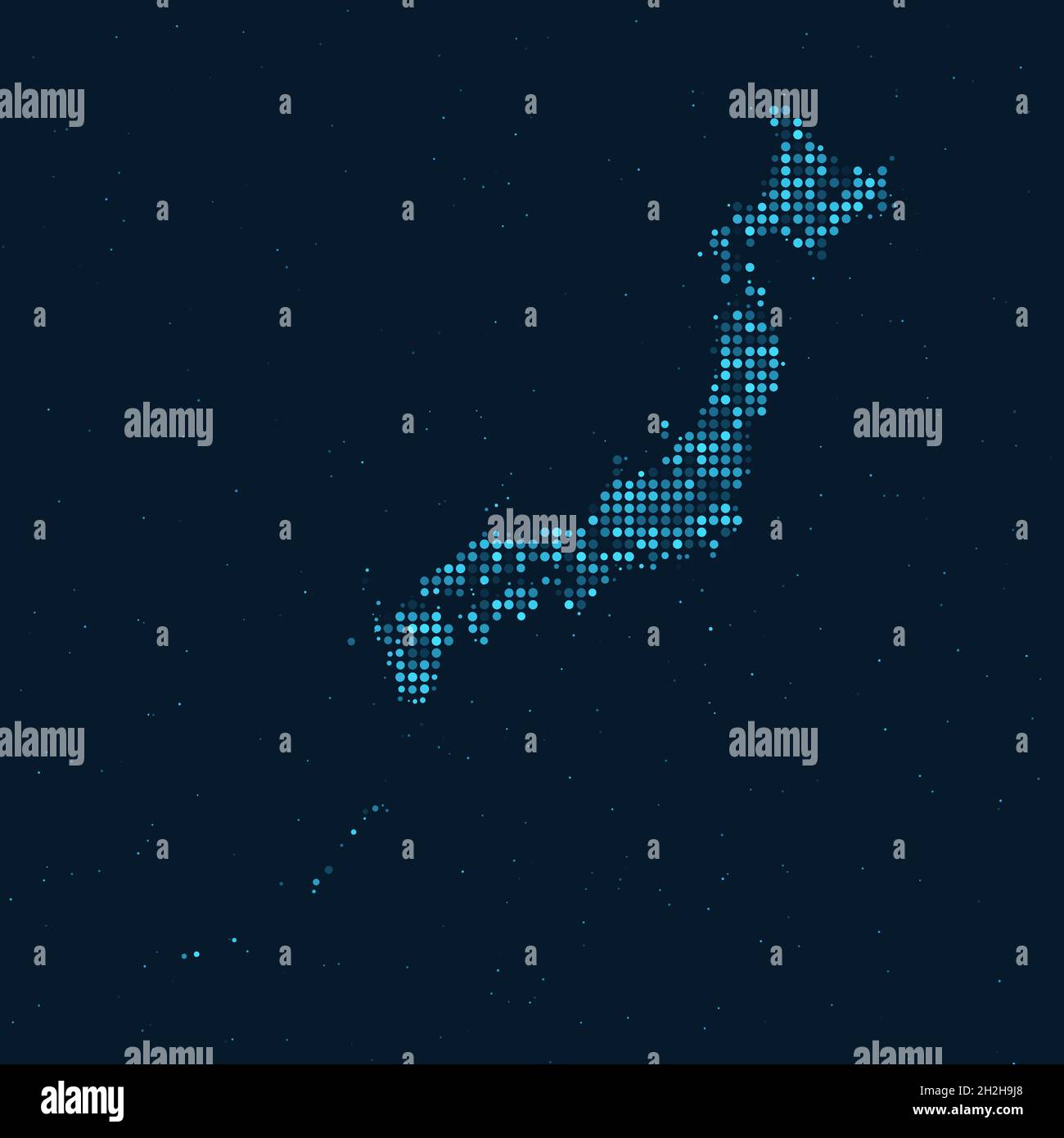 Abstrait pointillé demi-ton avec effet étoilé sur fond bleu foncé avec carte du Japon.Sphère et structure de la technologie numérique en pointillés. Vecteur i Illustration de Vecteur
