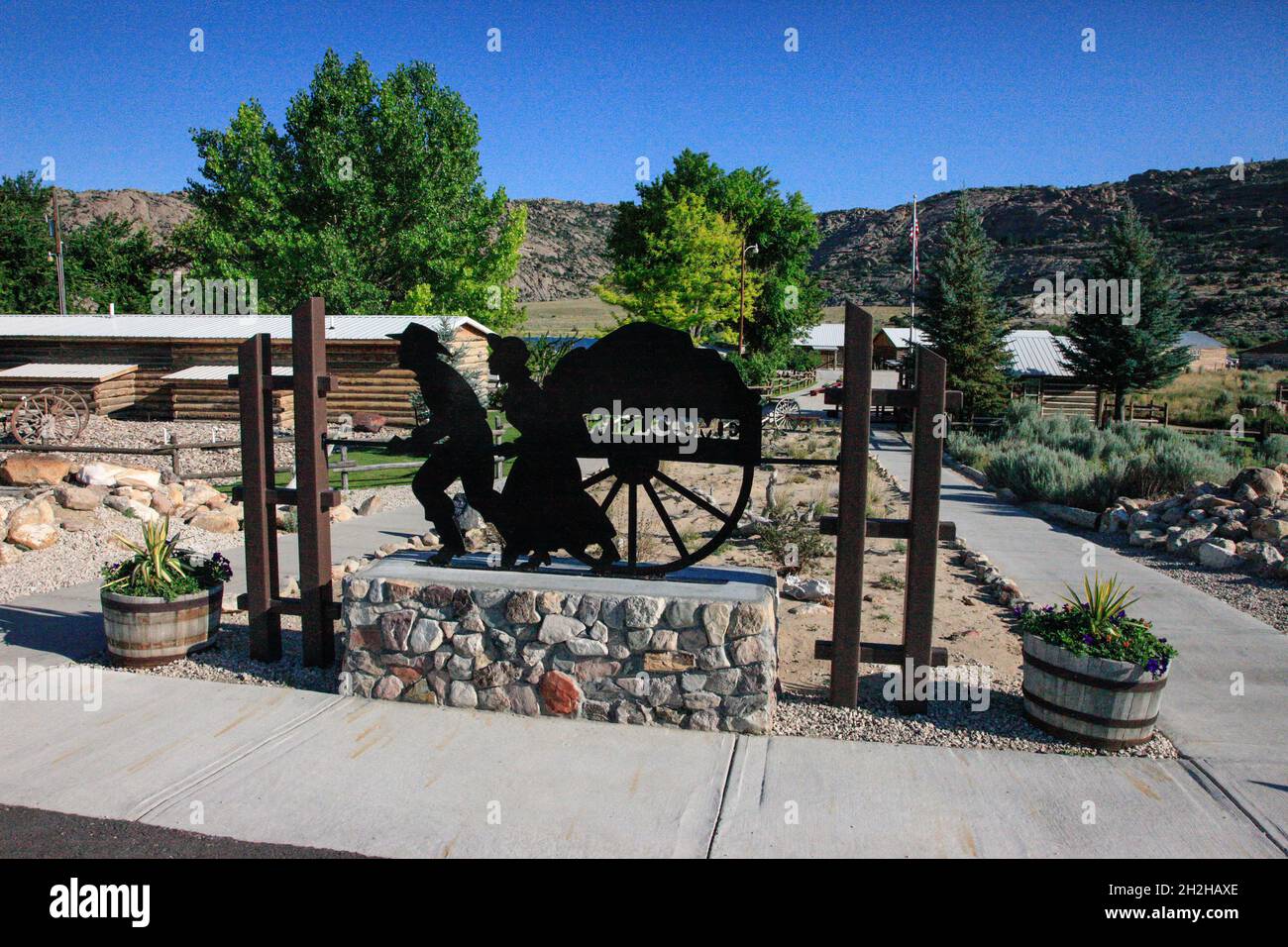 Un panneau de welcom pour le Sun Ranch et le site de Martin's Cove: Mormon Trail dans le centre du Wyoming. Banque D'Images