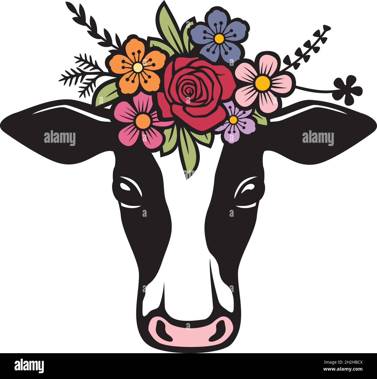 Illustration de la tête de vache avec fleurs à vecteur de couleur Illustration de Vecteur
