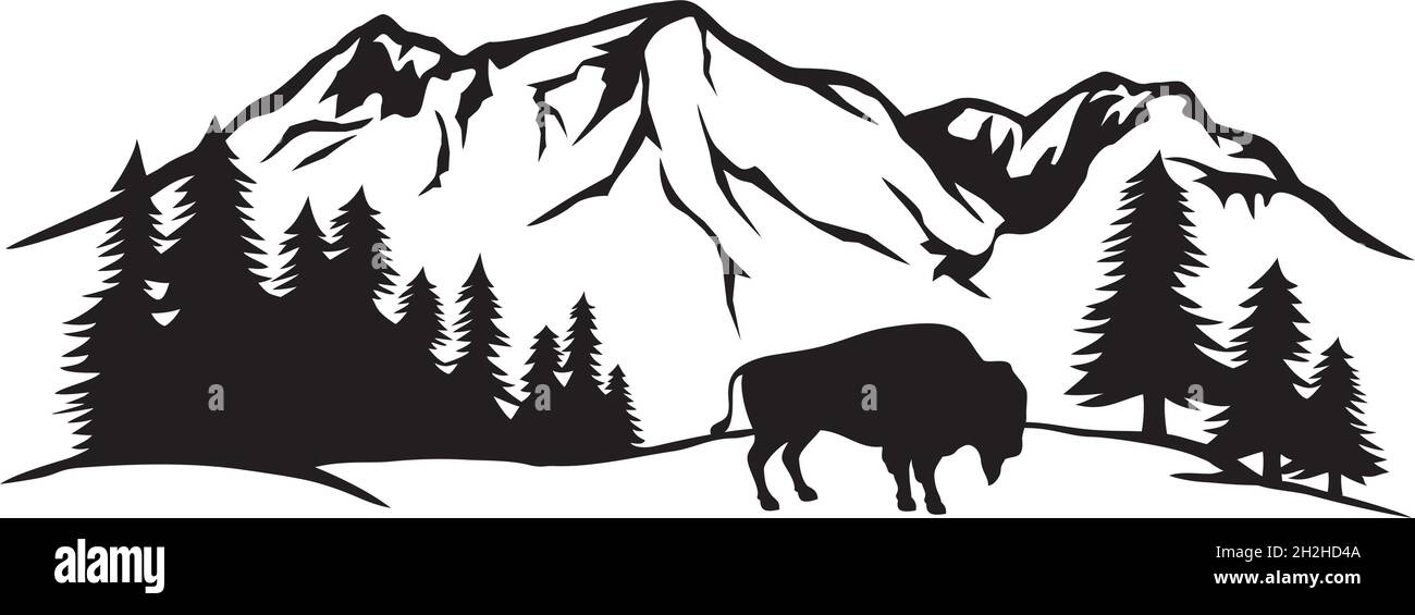 Illustration du bison américain et du paysage de montagne Illustration de Vecteur