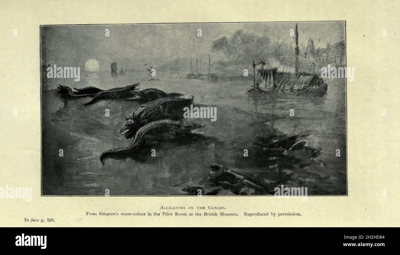 ALLIGATORS ON THE GANGES from the book ' The autobiographie of William Simpson, R. I. (Crimean Simpson) ' by Simpson, William, 1823-1899; Eyre-Todd, George,1862-1937 publié à Londres par T. F. Unwin en 1903.William Simpson était un artiste écossais, un artiste de guerre et un correspondant de guerre. Banque D'Images