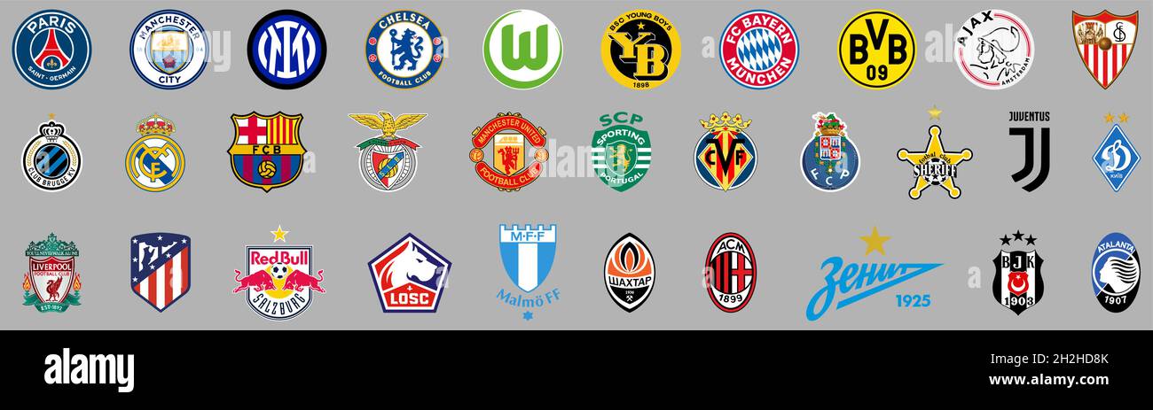Vinnytsia, Ukraine - 20 octobre 2021 : ensemble des clubs de football de la Ligue des champions 2021.Logos éditoriaux Vector Illustration de Vecteur