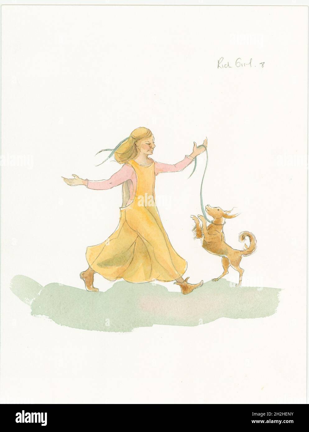 Une femme médiévale jouant avec un chien, 2004.Illustration de reconstruction d'une femme médiévale jouant avec un chien.L'illustration a été intitulée « Rich Girl » par l'artiste.L'illustration a été faite pour que le département éducatif puisse l'utiliser sur les emplacements de médival. Banque D'Images