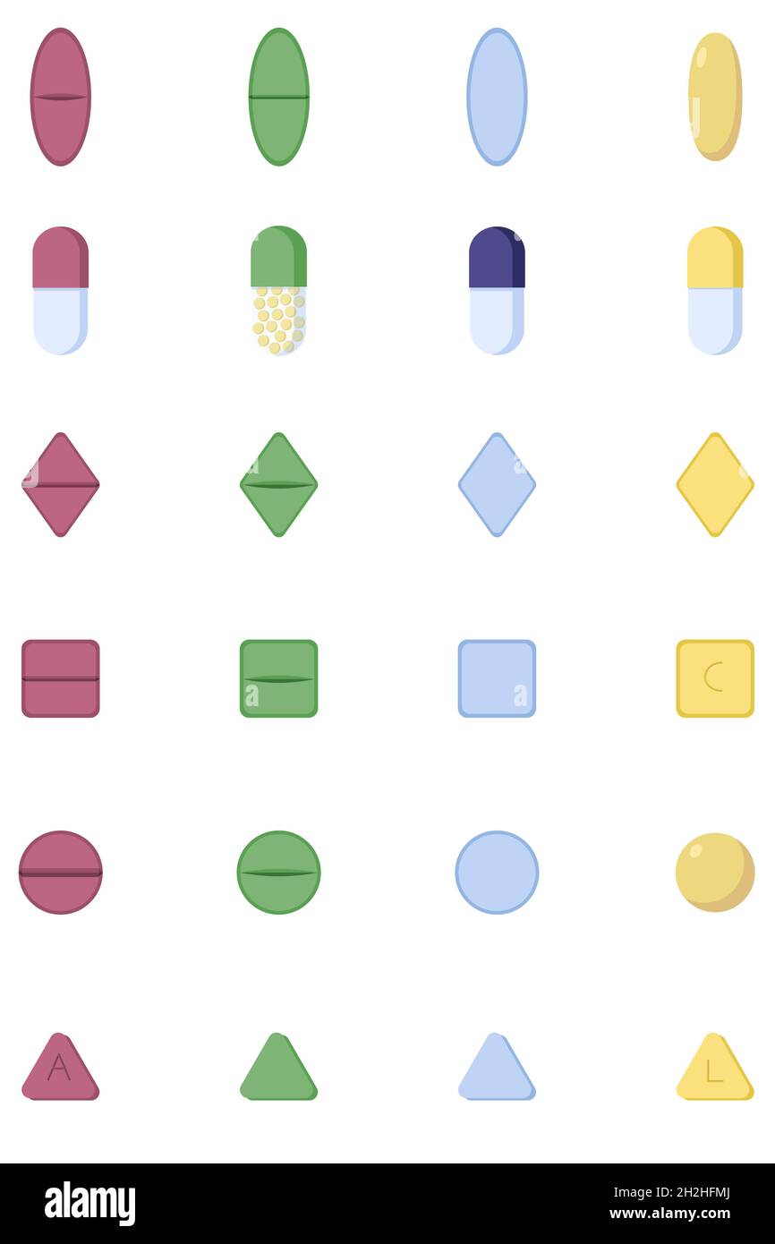 Un ensemble de différentes tablettes dans un style plat, isolé sur un fond blanc.Pilules et médicaments, capsules prescrites par un médecin. Illustration de Vecteur