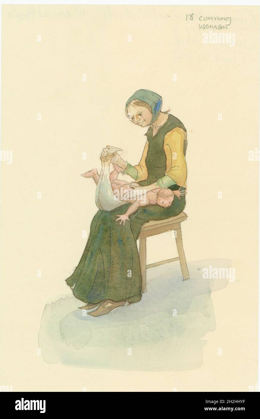 Une femme de ruse médiévale, également connue sous le nom de femme sage, 2004.Une illustration de reconstruction d'une femme médiévale ruinante, également connue sous le nom de femme sage.Les gens qui ont été rusés ont été enregistrés en Grande-Bretagne depuis la fin de la période médiévale et étaient des gens qui ont prétendu avoir des capacités magiques.Ils ont souvent fourni des services au public moyennant des frais.Cette femme ruse, ou femme sage, semble également être une sage-femme.L'illustration a été faite pour le département éducatif à utiliser sur les lieux médiévaux. Banque D'Images