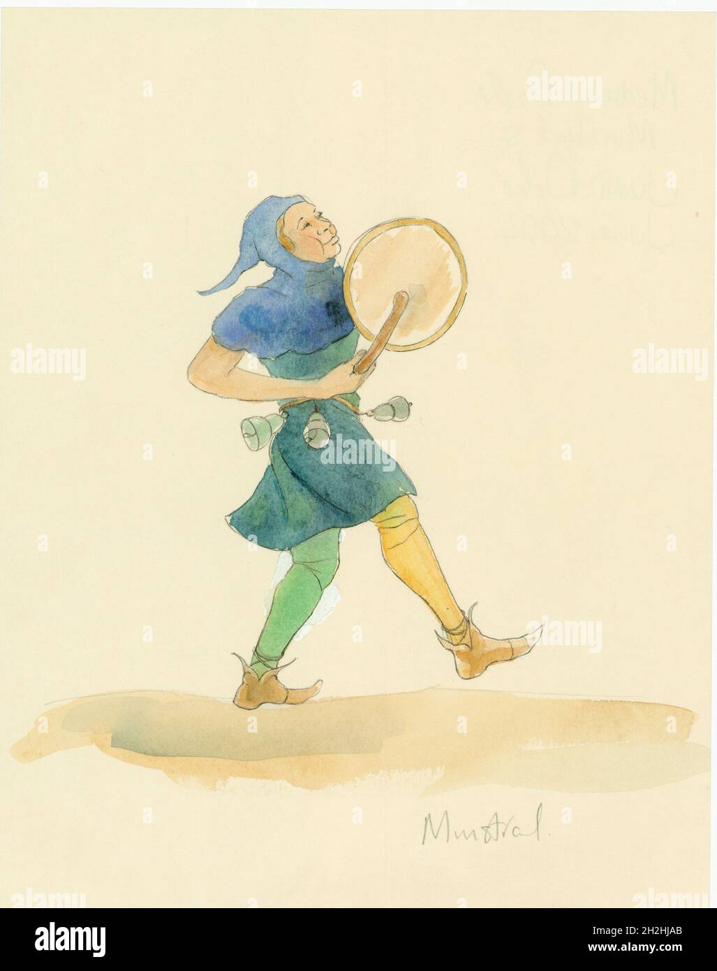 Un minstrel médiéval jouant un instrument de percussion, peut-être un tabor, 2004.Un dessin de reconstruction d'un minstrel médiéval jouant un instrument de percussion, peut-être un tabor. Banque D'Images