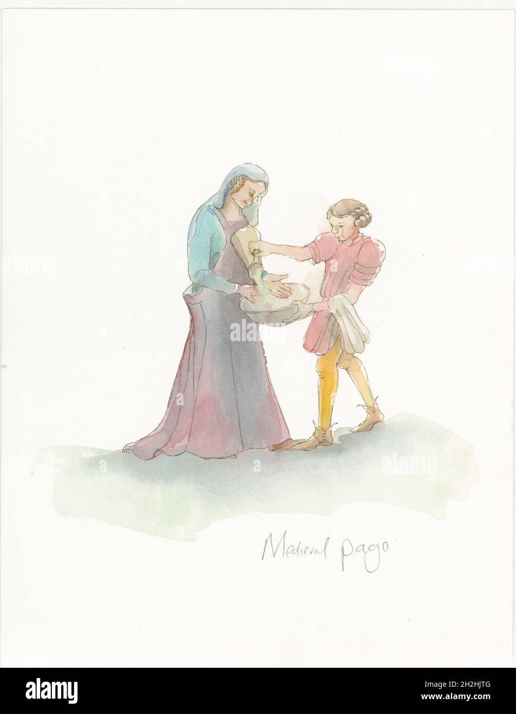 Une page médiévale aidant une dame à se laver les mains, 2004.Un dessin de reconstruction d'une page médiévale aidant une Dame à se laver les mains.L'illustraton a été fait pour le département éducatif à utiliser sur les lieux médiévaux. Banque D'Images